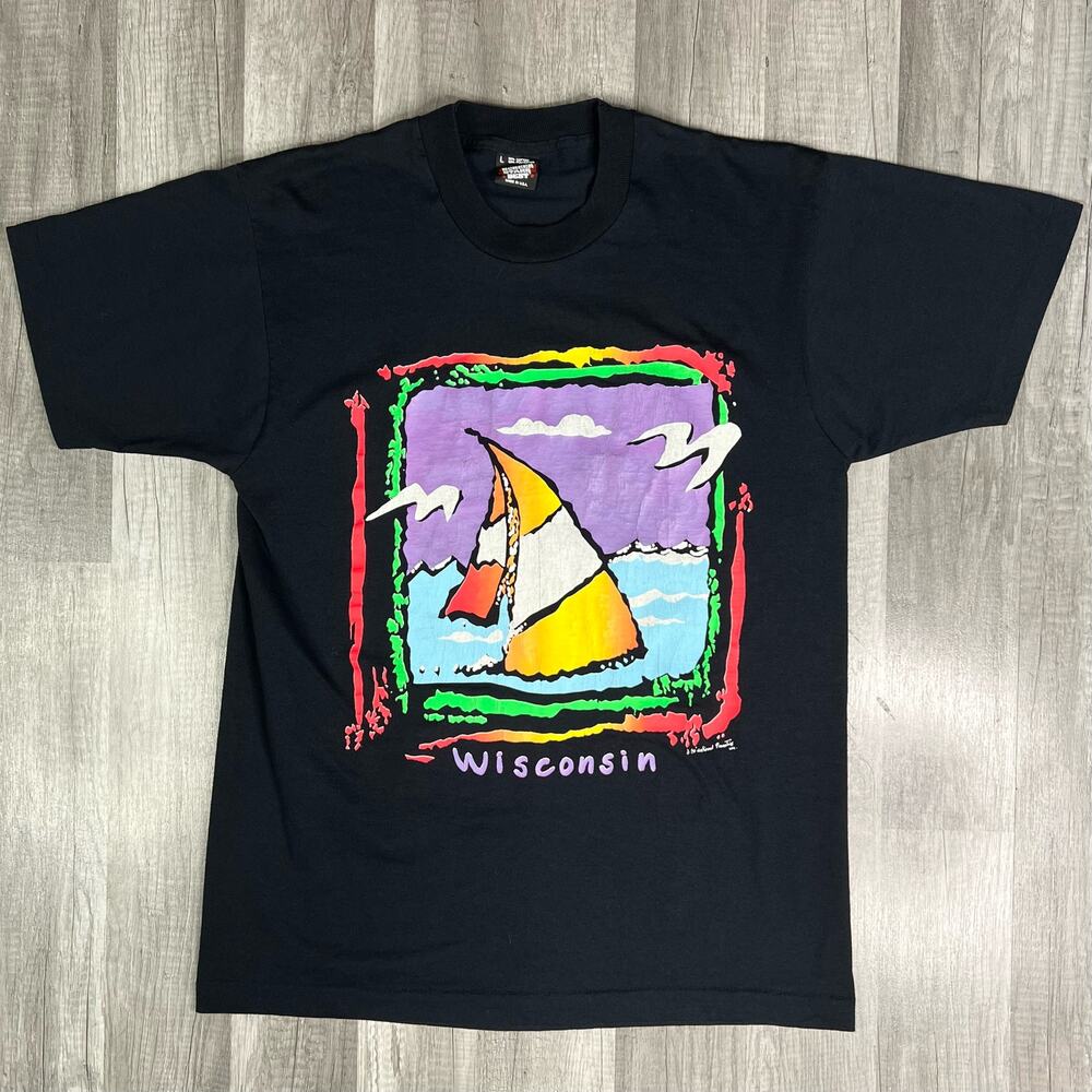 Vintage Single Stitch Wisconsin Sailboat T-Shirt Black